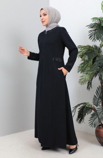 Plus Size Stoned Abaya with Pocket 4260-06 Navy Blue 4260-06