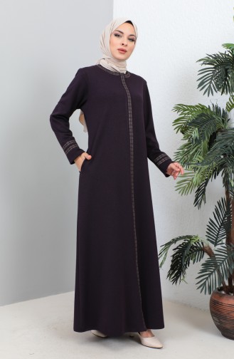 Groot Formaat Geborduurde Abaya Met Ritssluiting 4261-01 Paars 4261-01