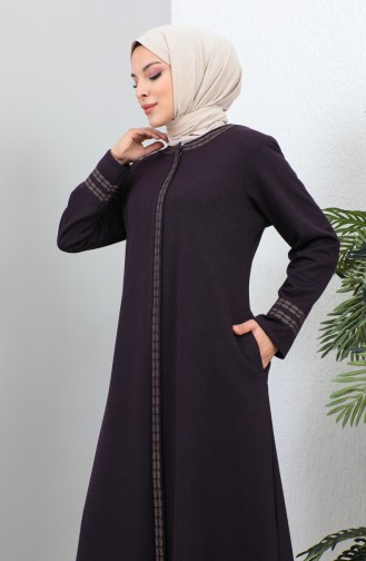 Groot Formaat Geborduurde Abaya Met Ritssluiting 4261-01 Paars 4261-01