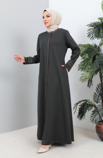 Groot Formaat Geborduurde Abaya Met Ritssluiting 4261-02 Gerookt 4261-02