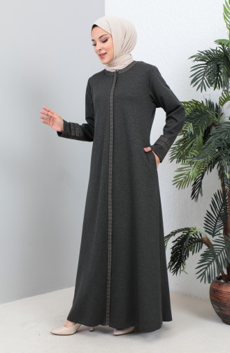 Groot Formaat Geborduurde Abaya Met Ritssluiting 4261-02 Gerookt 4261-02