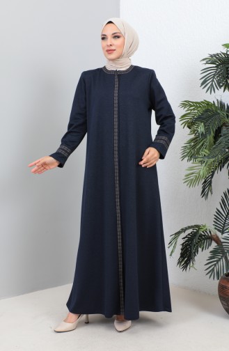 Plus Size Embroidered Zippered Abaya 4261-04 Navy Blue 4261-04