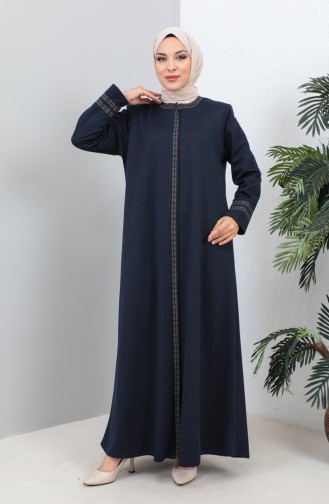 Plus Size Embroidered Zippered Abaya 4261-04 Navy Blue 4261-04