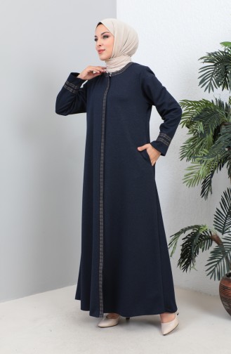 Plus Size Embroidered Zippered Abaya 4261-04 Navy Blue 4261-04