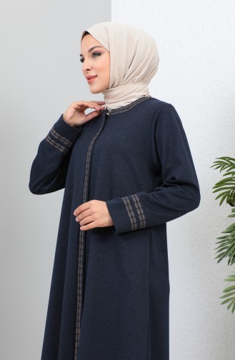 Plus Size Embroidered Zippered Abaya 4261-04 Navy Blue 4261-04