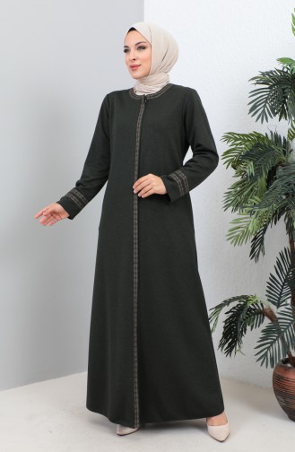 Groot Formaat Geborduurde Abaya Met Ritssluiting 4261-05 Kaki 4261-05