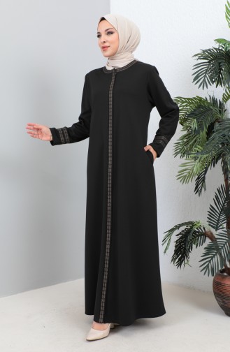 Groot Formaat Geborduurde Abaya Met Ritssluiting 4261-06 Zwart 4261-06