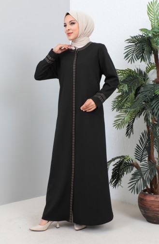 Groot Formaat Geborduurde Abaya Met Ritssluiting 4261-06 Zwart 4261-06