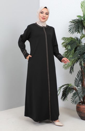 Groot Formaat Geborduurde Abaya Met Ritssluiting 4261-06 Zwart 4261-06