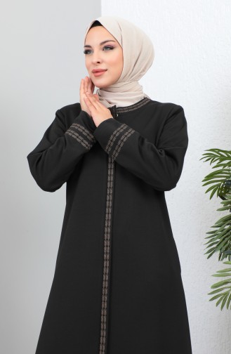 Groot Formaat Geborduurde Abaya Met Ritssluiting 4261-06 Zwart 4261-06