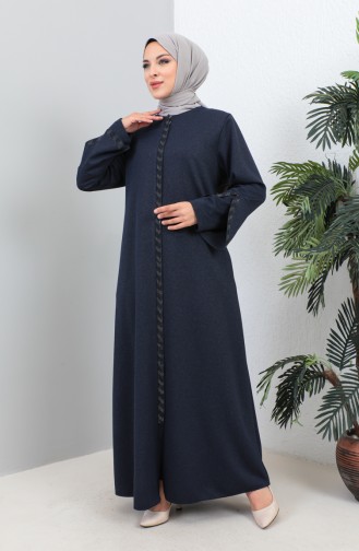 Large Size Stone Printed Abaya 4264-01 Navy Blue 4264-01