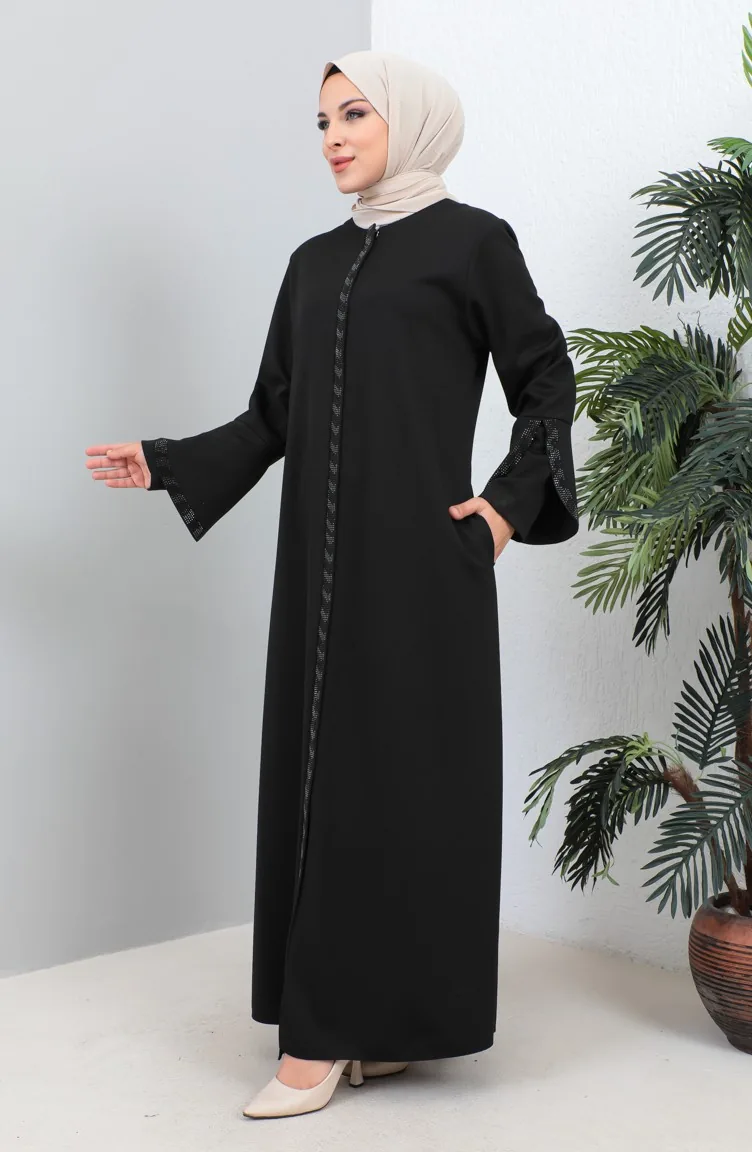 Large Size Stone Printed Abaya 4264-05 Black 4264-05