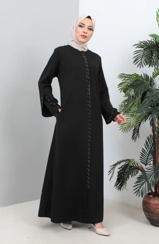 Large Size Stone Printed Abaya 4264-05 Black 4264-05
