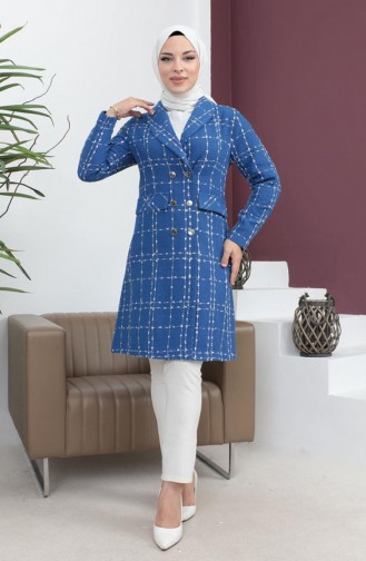 Buttoned Wide Collar Stitching Coat Indigo 19177 15014