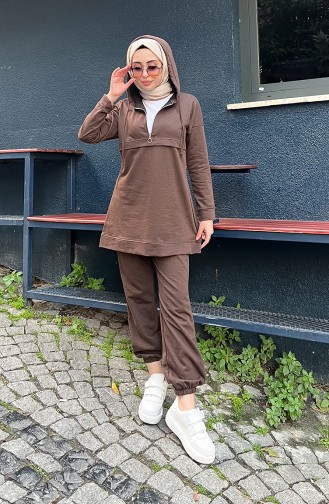 Zippered Hooded Tracksuit Set 03059-02 Brown 03059-02