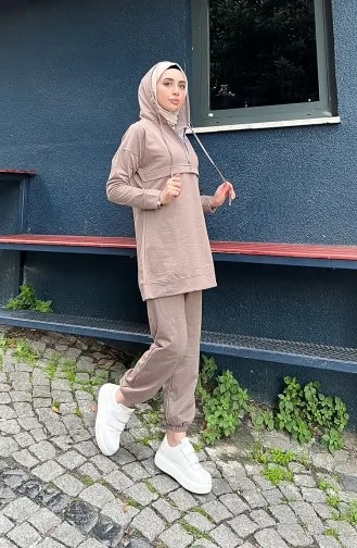 Zippered Hooded Tracksuit Set 03059-03 Mink 03059-03
