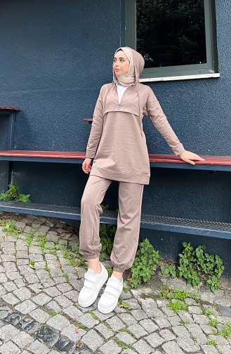 Zippered Hooded Tracksuit Set 03059-03 Mink 03059-03