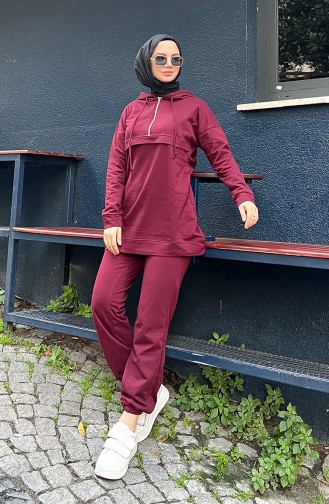 Zippered Hooded Tracksuit Set 03059-04 Claret Red 03059-04