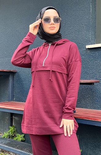 Zippered Hooded Tracksuit Set 03059-04 Claret Red 03059-04