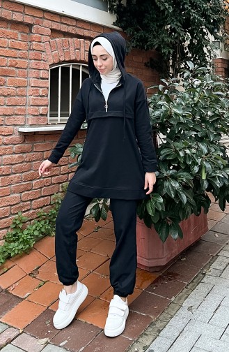 Zippered Hooded Tracksuit Set 03059-08 Black 03059-08