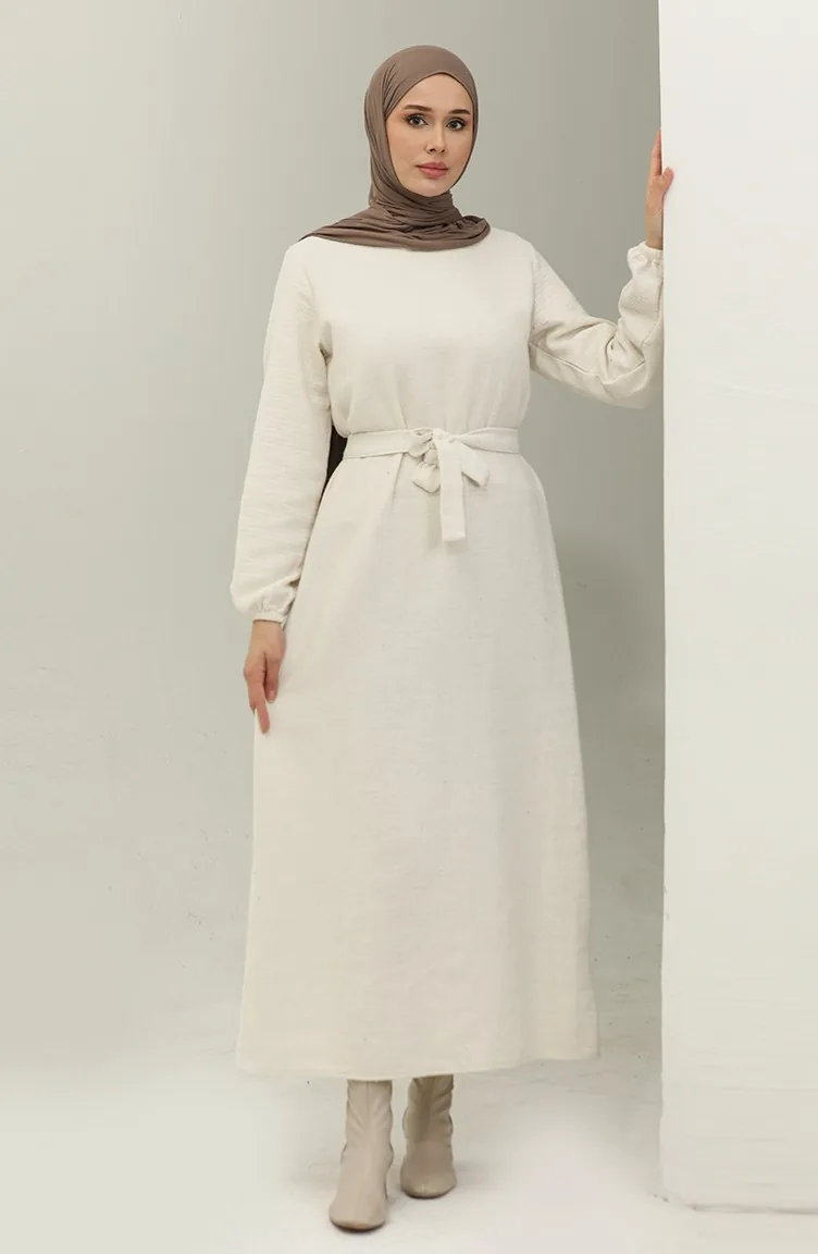 Robe Ceinturée Tissu Tweed 0275-01 Ecru 0275-01