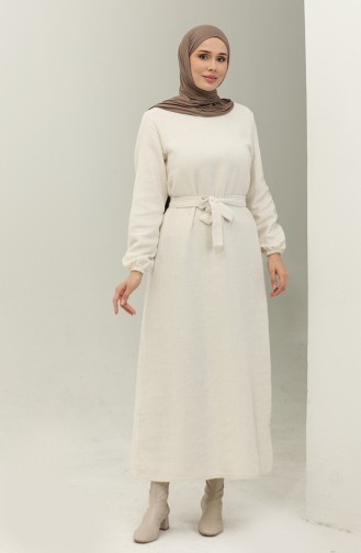 Kleid Aus Tweedstoff Mit Gürtel 0275-01 Ecru 0275-01