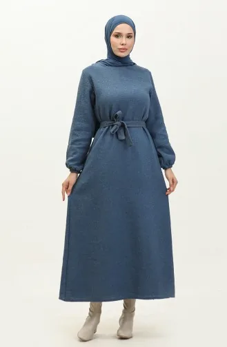 Tweed Fabric Belted Dress 0275-02 İndigo 0275-02