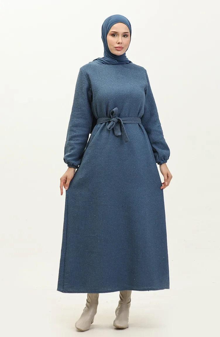 Tweed Fabric Belted Dress 0275-02 İndigo 0275-02