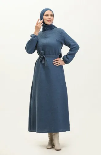 Tweed Fabric Belted Dress 0275-02 İndigo 0275-02
