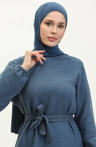 Tweed Fabric Belted Dress 0275-02 İndigo 0275-02