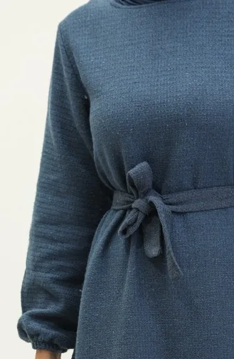 Tweed Fabric Belted Dress 0275-02 İndigo 0275-02