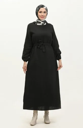 Robe A Ceinture En Tissu Tweed 0275-03 Noir 0275-03