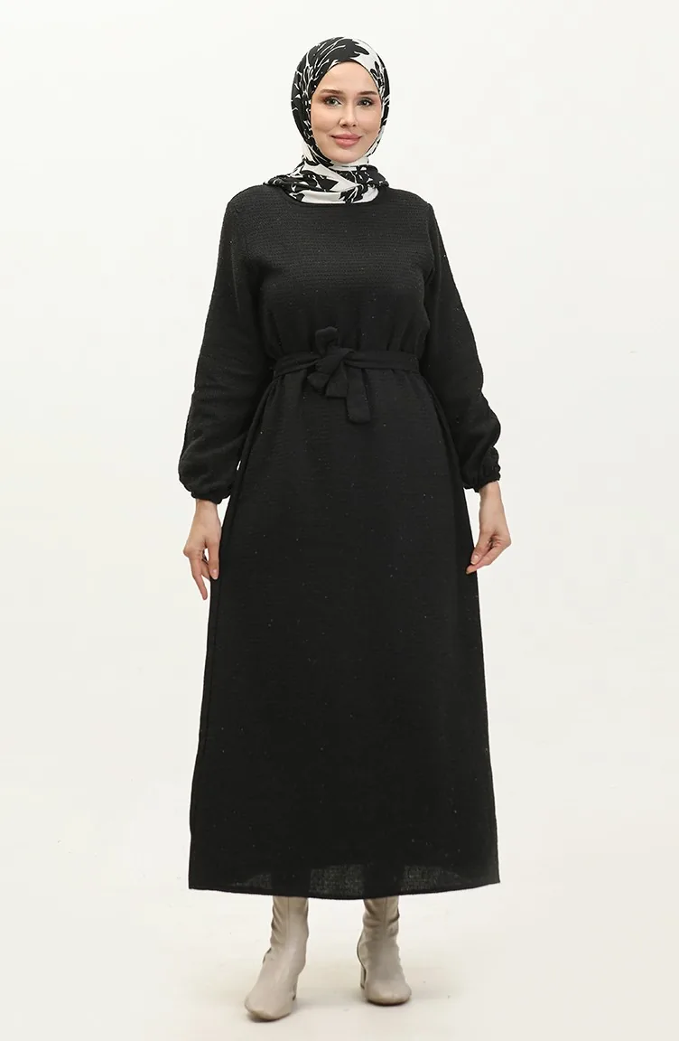 Robe A Ceinture En Tissu Tweed 0275-03 Noir 0275-03