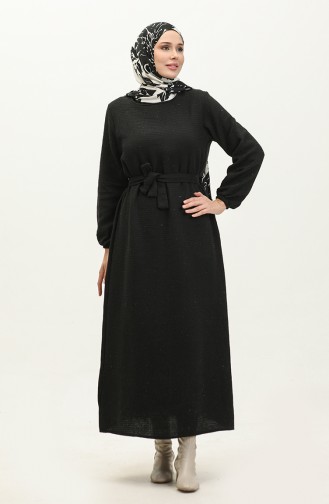 Tüvit Kumaş Kuşaklı Elbise 0275-03 Siyah