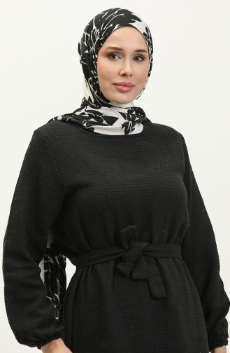 Kleid Aus Tweedstoff Mit Gürtel 0275-03 Schwarz 0275-03