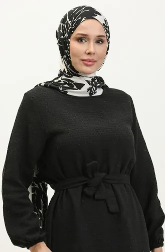 Robe A Ceinture En Tissu Tweed 0275-03 Noir 0275-03
