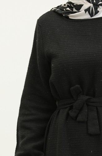 Tüvit Kumaş Kuşaklı Elbise 0275-03 Siyah