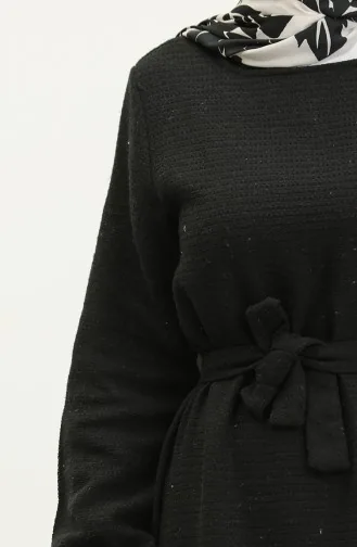 Robe A Ceinture En Tissu Tweed 0275-03 Noir 0275-03