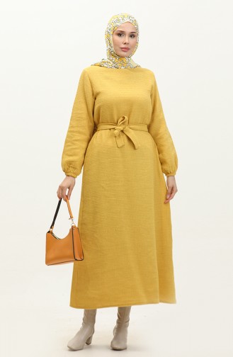 Tweed Fabric Belted Dress 0275-04 Mustard 0275-04
