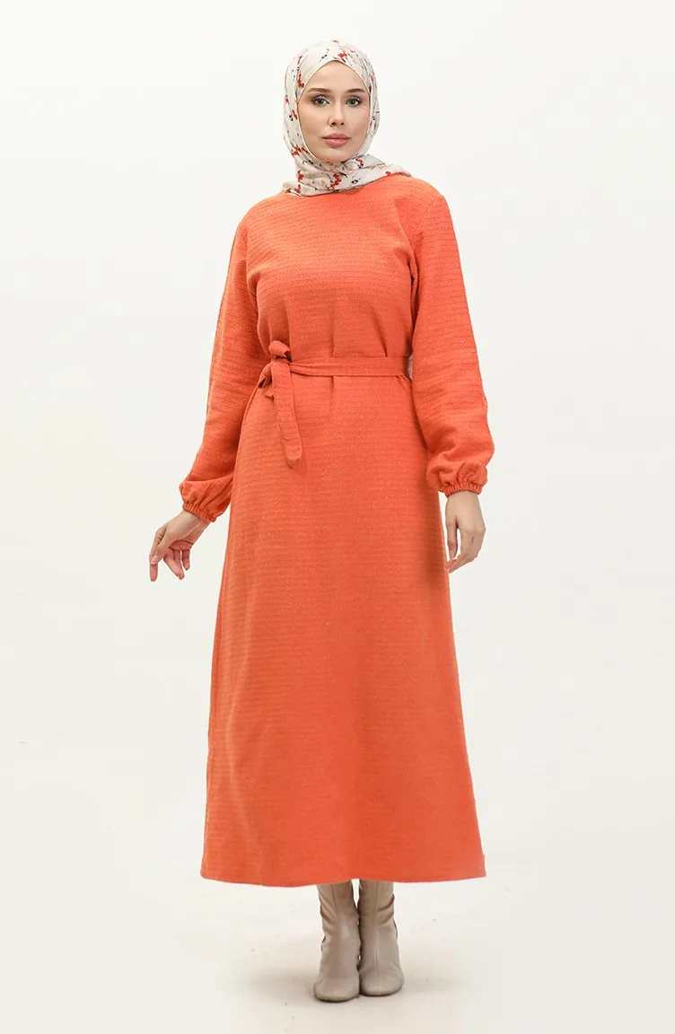 Tüvit Kumaş Kuşaklı Elbise 0275-05 Oranj
