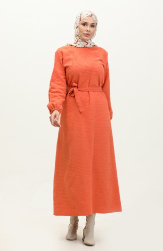 Tweed Fabric Belted Dress 0275-05 Orange 0275-05