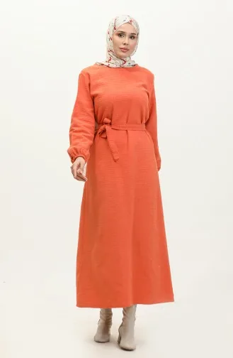 Tüvit Kumaş Kuşaklı Elbise 0275-05 Oranj