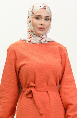 Tweed Fabric Belted Dress 0275-05 Orange 0275-05