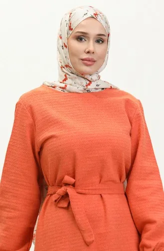 Tüvit Kumaş Kuşaklı Elbise 0275-05 Oranj