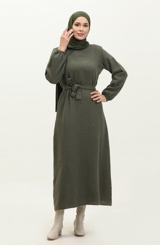 Tweed Fabric Belted Dress 0275-06 Khaki 0275-06