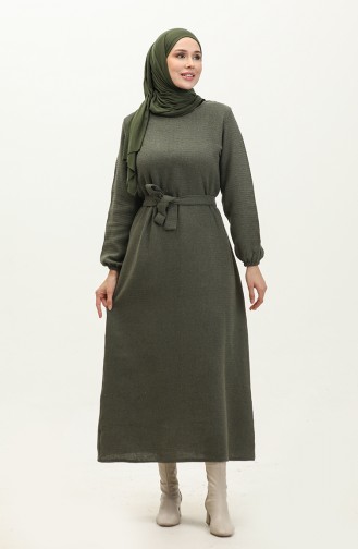 Tweed Fabric Belted Dress 0275-06 Khaki 0275-06