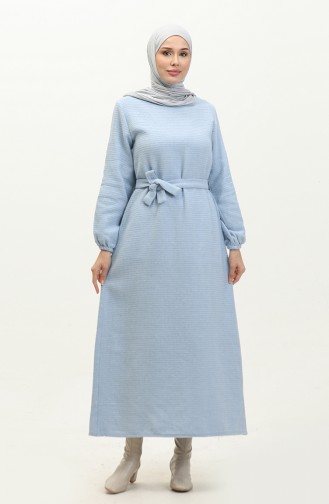 فستان مصنوع من قماش التويد وحزام للخصر 0275-08 لون أزرق فاتح 0275-08