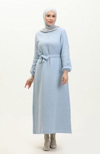 فستان مصنوع من قماش التويد وحزام للخصر 0275-08 لون أزرق فاتح 0275-08