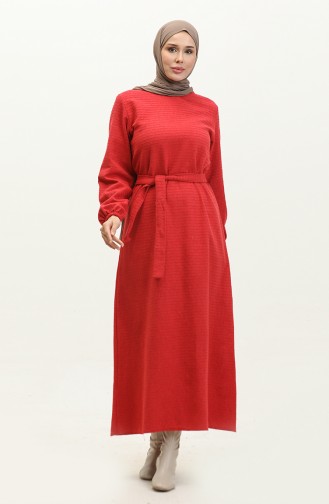 Tüvit Kumaş Kuşaklı Elbise 0275-09 Bordo