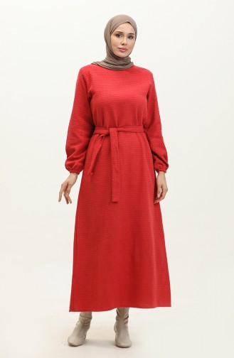Tüvit Kumaş Kuşaklı Elbise 0275-09 Bordo